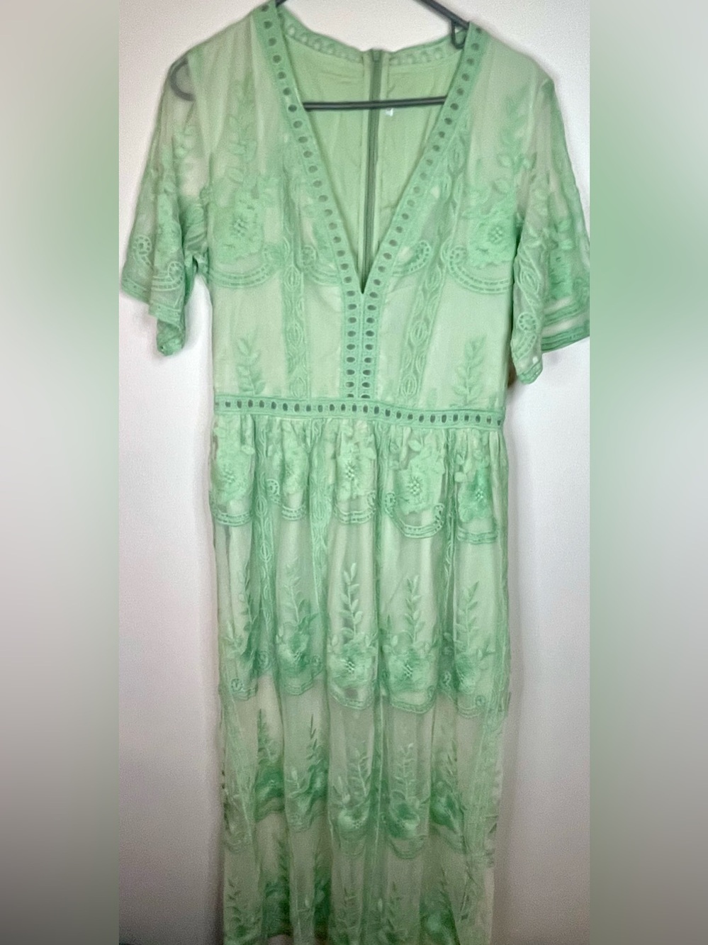 Mint Green Boho Lace Embroidered Mesh Overlay Maxi Dress Cottagecore Fairycore L